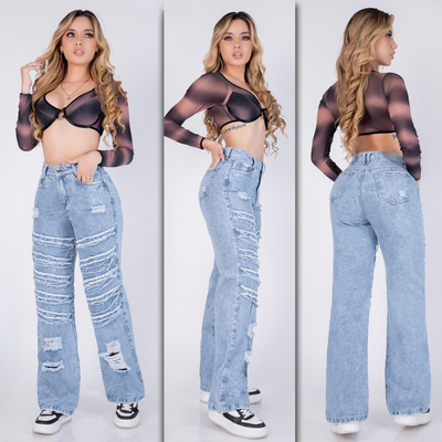 Jean Baggy Dama Tiro Alto Bota Recta Destroyed — BAGGY 90